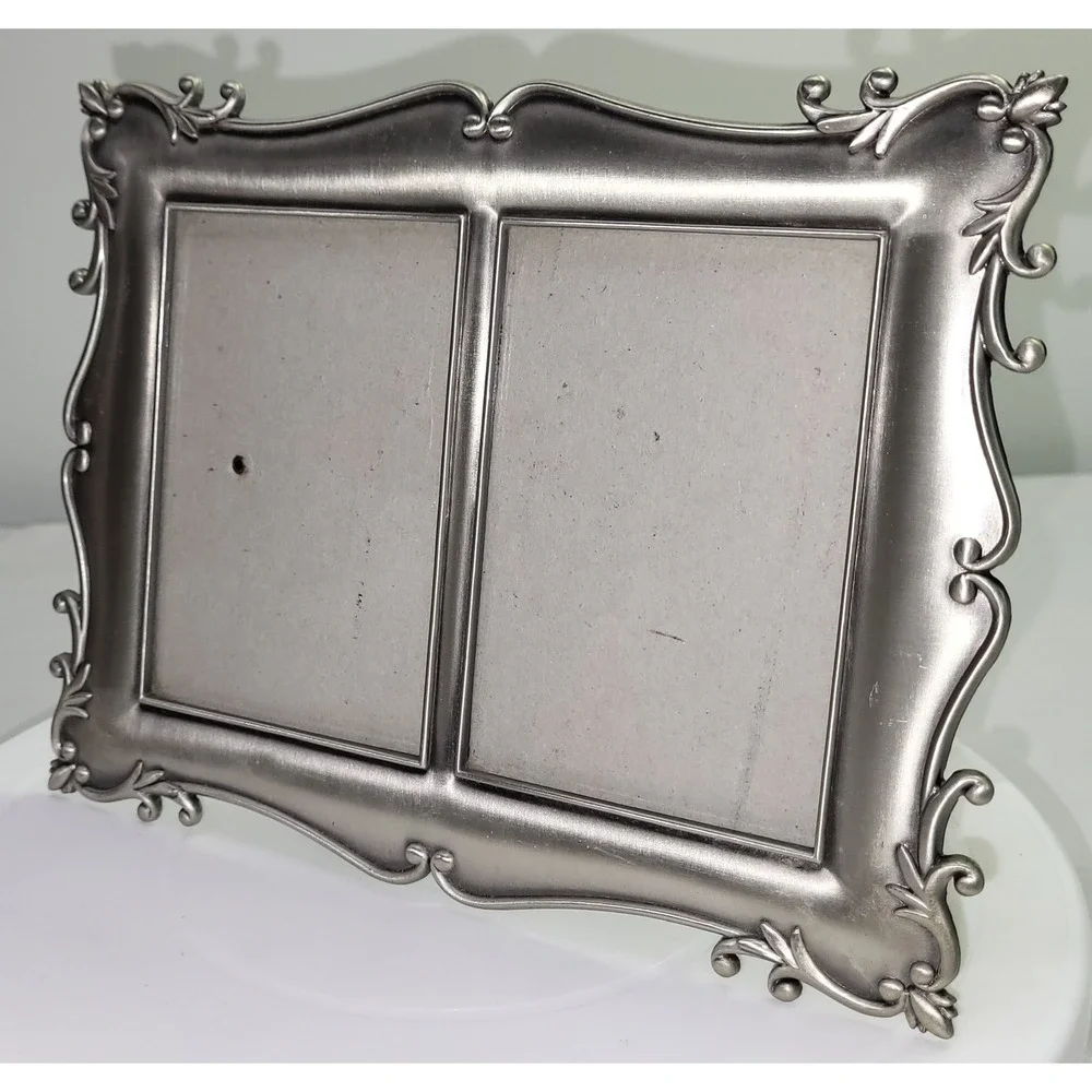 Double Picture Frame Silver Ornate Pewter Style Scroll Side by Side 3x5 Photos